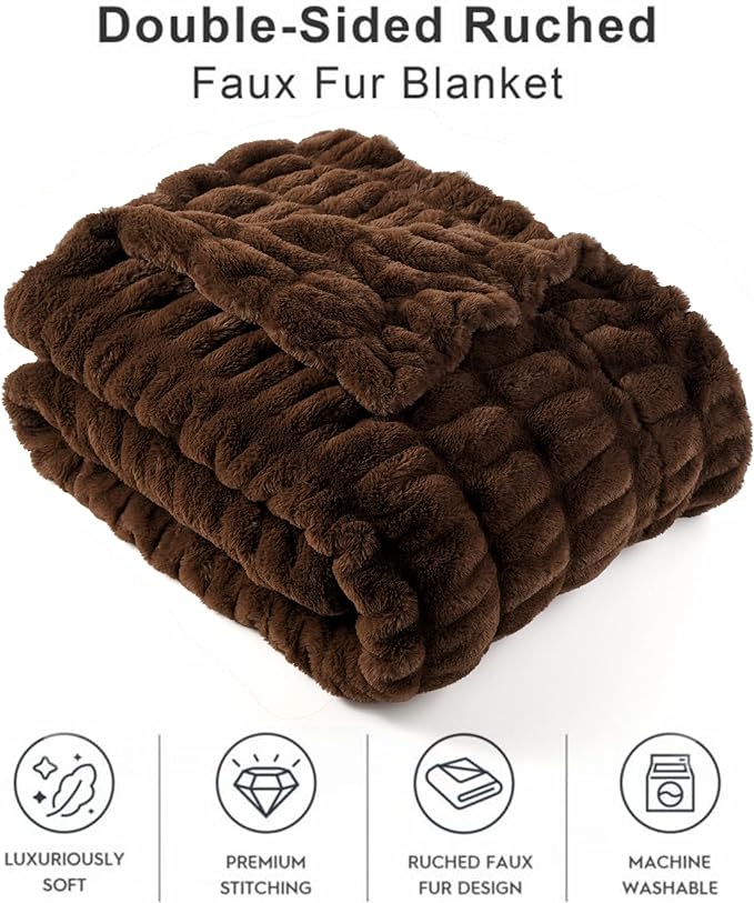 BATTILO Super Soft Faux Fur Throw Blanket for Couch, 50"x60", Double Side | Chocolate Brown Throw Blanket, Silky Bubble Blanket, Thick Warm Mink Cozy Faux Fur Blanket For Bed, Sofa Living Room