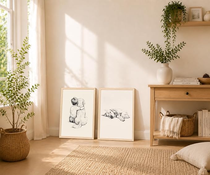 Boy and Dog Wall Art Set of 2 Framed, Minimalist Sketch Print | Best Friends Artwork for Kids Room Nursery Bedroom Home Decor 12x16 Inches