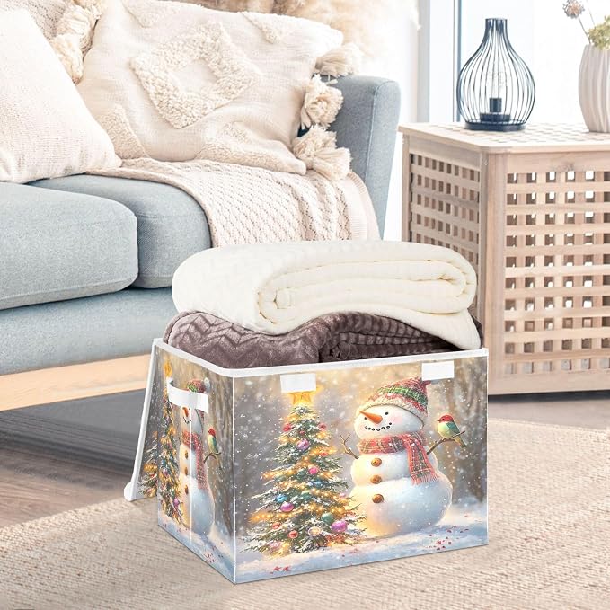 Whimsical Snowman Storage Bins with Lids and Carrying Handle,Foldable Storage Boxes Organizer Containers Baskets Cube with Cover for Home Bedroom Closet Office Nursery