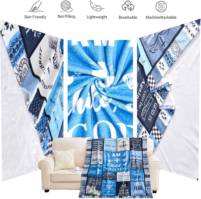 Fathers Day Christian Gifts for Men, Birthday Gift for Men, I Am a Child of God Blanket, Inspirational Gifts for Mens Brother, Son, Dad, Grandpa, Baptism Gifts for Boys Blankets 60''x50'' Blue