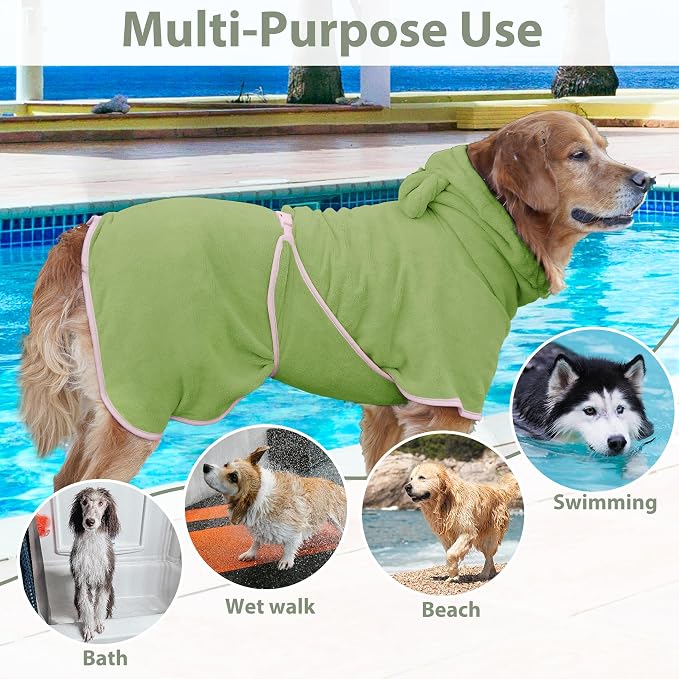 Dog Bathrobe Super Absorbent Towel Robe - Microfiber Bath Towels Fast Drying Coat for Dogs, Cute Dogs Clothes Adjustable Collar & Belly Strap Warm Keeping Hooded Dog Towel (Olive Green, X-Large)