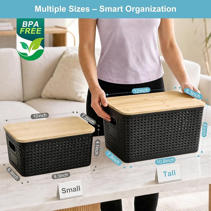 2 Pack Tall Plastic Storage Bins with Bamboo Lids, 10.8qt Stackable Storages Baskets for Organizing Desktop Closet Playroom Classroom Office, 12"L x 8.3"W x 6.1"H, Black