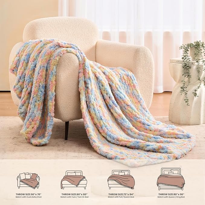 L'AGRATY Chunky Knit Throw Blanket for Couch, 50 x 60 Inches, Rainbow | Handmade Chenille Crochet Blanket for Sofa Bed, Thick Cable Knitted Blankets for Room Home Decor, Birthday Gift for Women Mom
