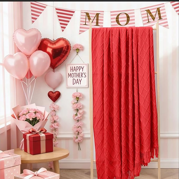 inhand Red Knitted Throw Blanket for Couch and Bed, 60"x80" | Gifts for Mom from Daughter Son, Soft Lightweight with Tassels, Farmhouse Warm Decorative Blanket for Women, Cozy Knit