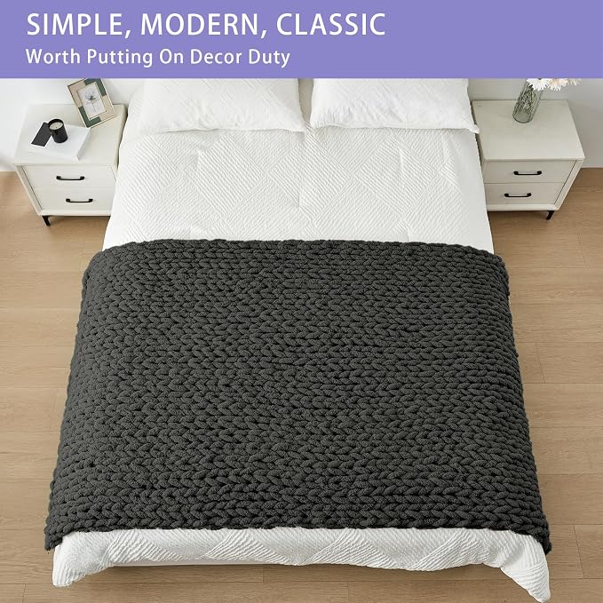 Bigacogo Chunky Knit Throw Blanket for Couch, 40x80 inches, Dark Grey | Hand Knit with Jumbo Chenille, Soft Breathable Cable Knit for Sofa Bed Living Room, Machine Washable, Gift for Mom Friend