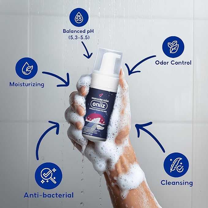 ONIIZ Masculine Foam Amorous Intimate Wash for Men, Triple-Barrier Intimate Defense - pH Balanced, Natural Ingredients, Removes Sweat, Bad Odor - Warm & Attractive Fragrance 3.38 fl. oz
