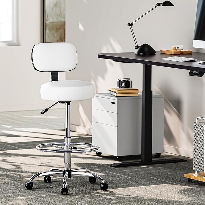 SUPERJARE Drafting Chair with Back, Adjustable Foot Rest Rolling Stool, Multi-Purpose Office Desk Chair, Thick Seat Cushion for Home Bar Kitchen Shop - White 7205W