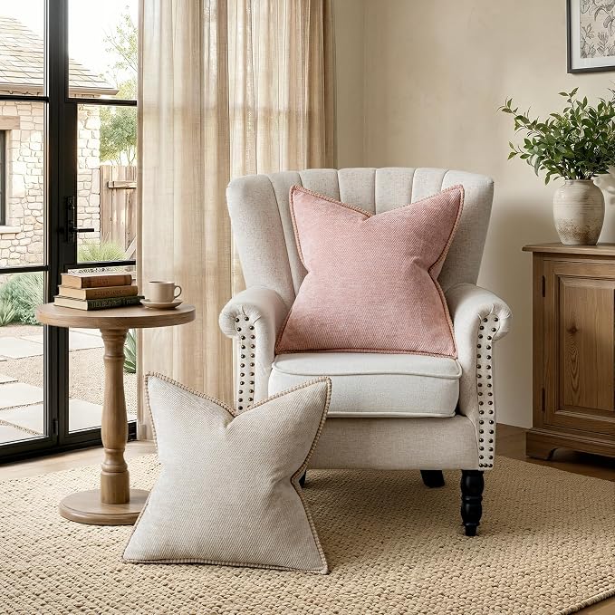 a moment Pack of 2 Decorative Chenille Throw Pillow Covers with Twill Cushion Covers for Sofa Living Room Couch Bed 20x12 Inch,Crafted Border Blush Pink