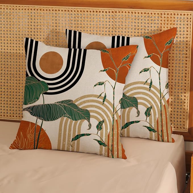 Boho Orange Pillow Covers 18x18 Set of 2 Green Gold Leaf Tropical Mid Century Throw Pillows Outdoor Bohemian Modern Decorative Pillowcase Farmhouse Linen Cushion Case for Couch Sofa Decor