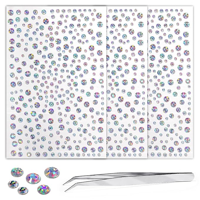 whitelaser 975Pcs DIY Face Gems - 3/4/5/6 mm Body Rhinestones & Crystals for Face Makeup & Crafts, Self-Adhesive Eye & Hair Jewels