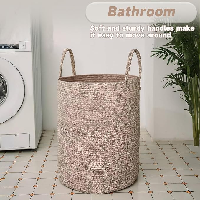 JMvicyroam 100L Cotton Rope Laundry Basket Hamper, Oatmeal | Collapsible laundry basket, reinforced handles, freestanding, machine washable, holds 3-5 thick blankets, clothes or toys