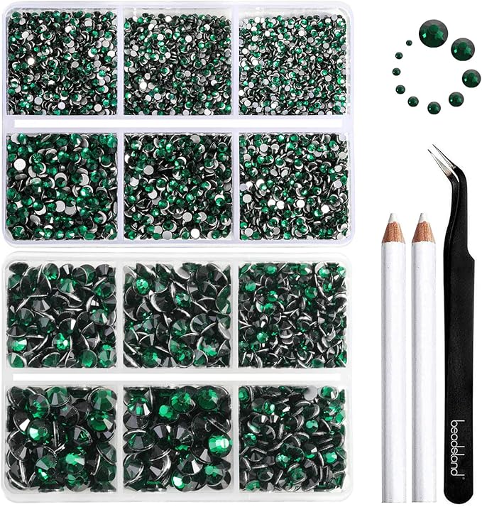 Beadsland 8300PCS Flatback Rhinestones, Green Rhinestone Round Crystal Rhinestones for Crafts, Mixed 10 Sizes with Wax Pencil and Tweezer Kit, SS3-SS30, Emerald