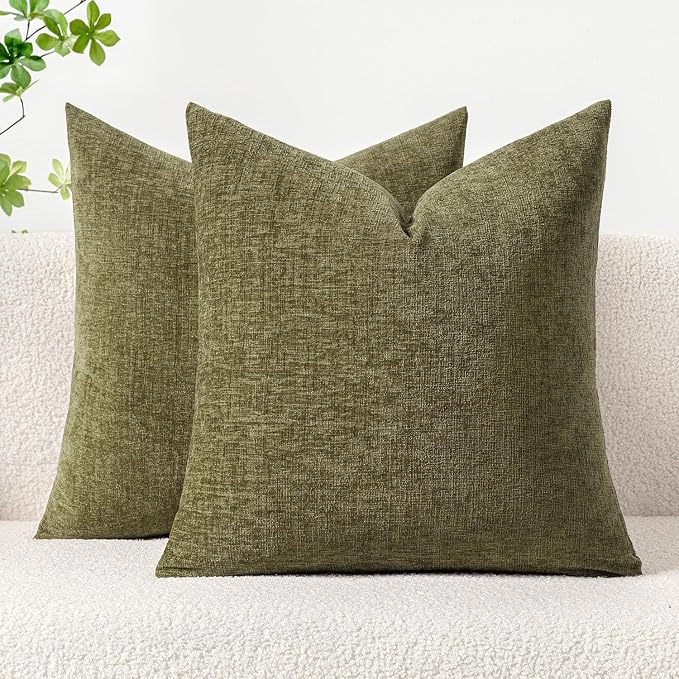 MIULEE Soft Chenille Throw Pillow Covers Olive Green 20x20 Inch Pack of 2 | Modern Home Decor, Classic Decorative Pillows, Solid Dyed Cases, Boho Couch Cushion Covers for Sofa Bed Living Room