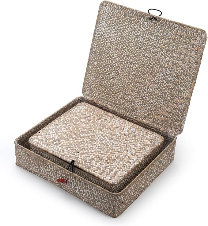 Whitewash Flat Seagrass Storage Bins with Lid, Wicker Basket for Shelf Organize, Set of 2 (Small+Large)