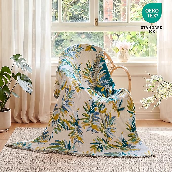 MSGKV Boho Throw Blanket 60"x80" 100% Cotton Leaves Muslin Blanket for Bed | 100% Cotton Muslin, Twin Size Throw Blanket, Leaves Pattern, Soft & Breathable, Lightweight Comfort, Machine Washable
