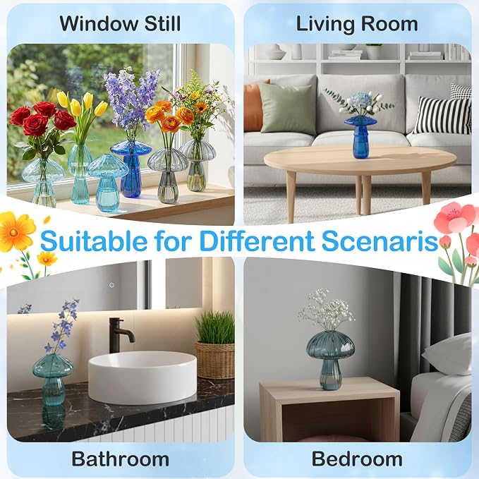 7 Pcs Glass Mushroom Vase Propagation Station with Hydroponic Plant and Artificial Fake Moss 6 Colored Plant Vase Table Centerpiece Decor for Forest Birthday Wedding Party Decoration (Blue)