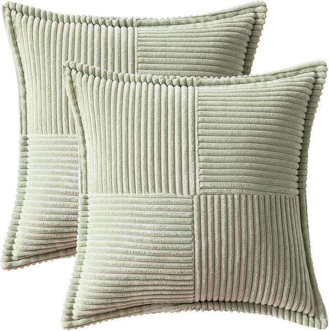 MIULEE Decorative Throw Pillow Covers for Couch 20x20 Inch Light Green | 2 Pack, Boho Broadside Striped Patchwork Pillow Covers, Soft Corduroy Cushion Cases, For Sofa Bed Livingroom Home Decor