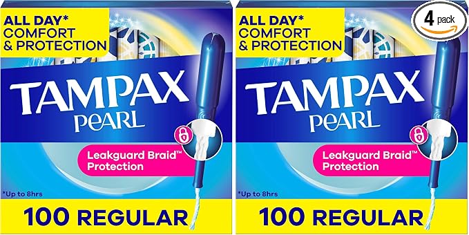 Tampax Pearl Tampons Regular Absorbency,with Leakguard Braid,Unscented, 4 Boxes - 50 Each (Packaging May Vary),(Pack of 200)