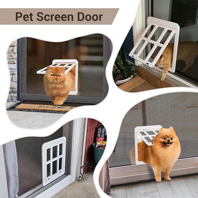 Dog Door for Screen Door, Small Pet Door for Small Dogs Cats, 8.3" x 10.3" Magnetic Flap with Lockable Insert, Sliding Screen Door Compatible, White S