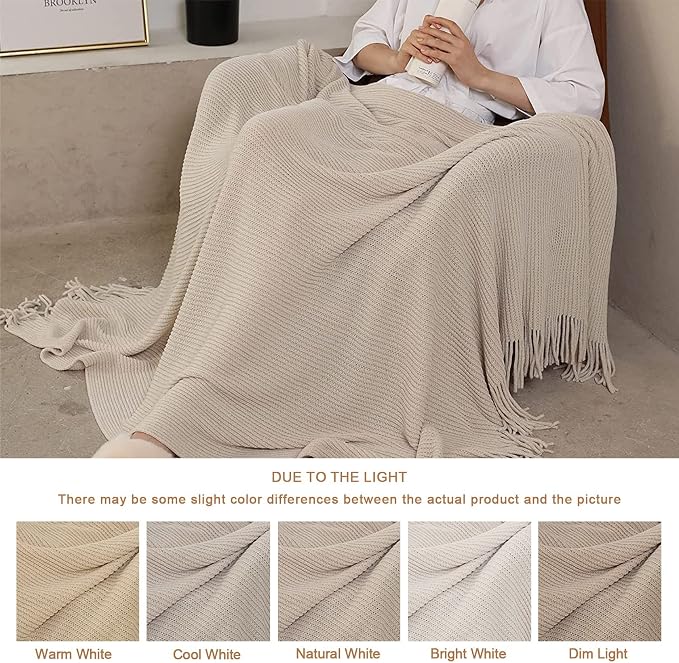 Blagic Chenille Throw Blanket for Couch and Bed,Off White,60"x80" | Soft Farmhouse Boho Throw Blanket with Tassels,Decorative for Living Room,Stripe Textured Throws for Bed/Chair/Sofa