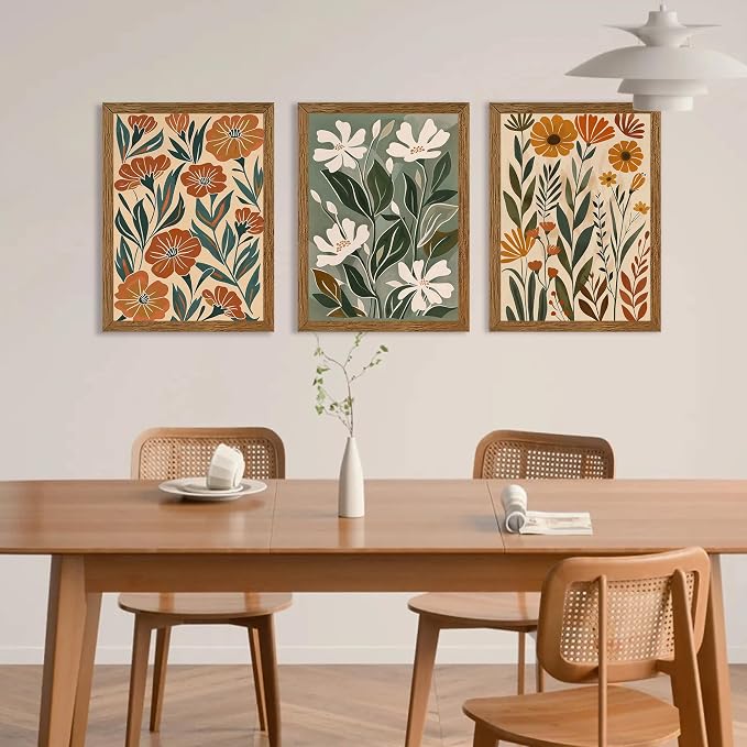 Urmoya 3 Pieces Boho Floral Decor Flower Market Wall Art, 12x16 Inch | Wood framed, Chic green and beige botanical trio, Ready to hang, for living room, Office, or guest bedroom home decor