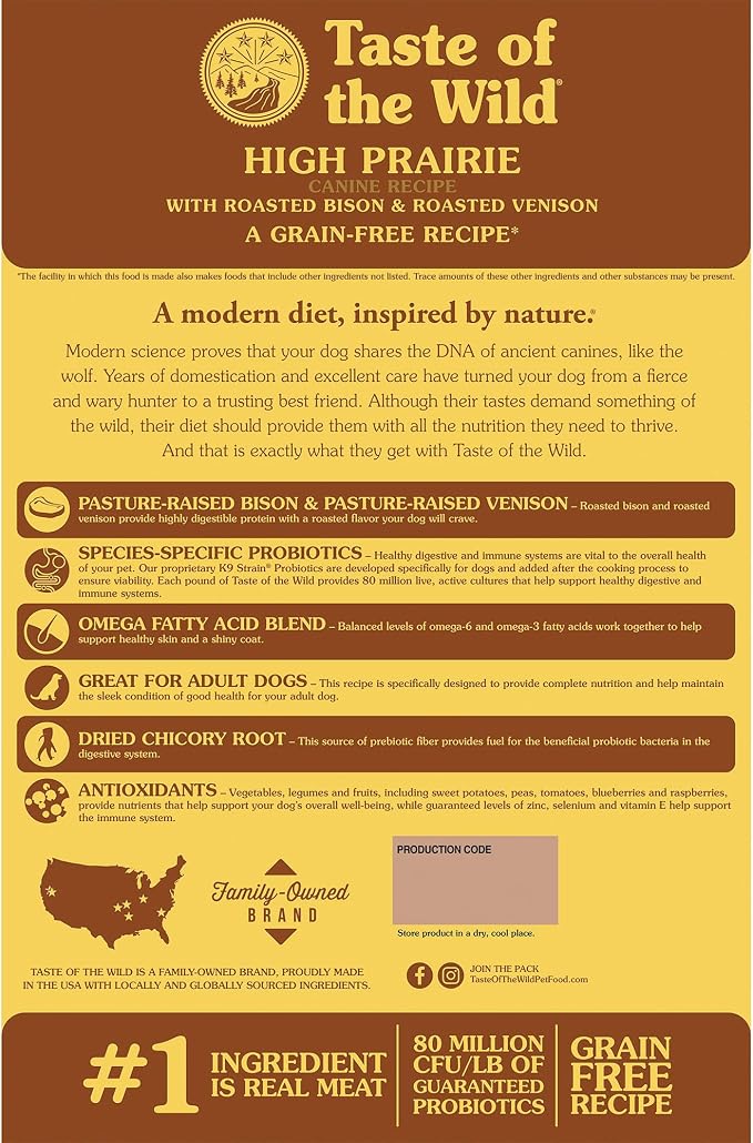 Taste of the Wild High Prairie Adult Dry Dog Food, Roasted Bison, 5lb | High Protein | Grain Free Recipe* | Nutrient Dense to Help Support Peak Health | Guaranteed Probiotics for Digestive Health