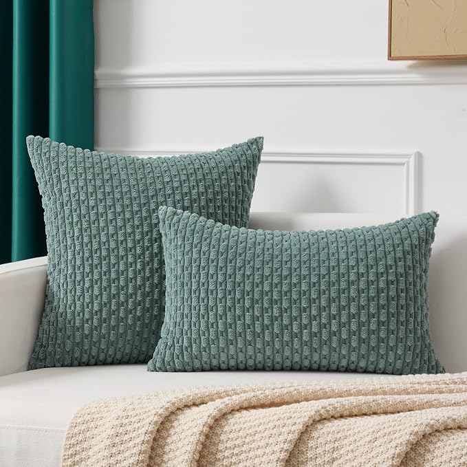 Kevin Textile Soft Corduroy 16"x24" Lumbar Pillow Cover 1 Pack, Teal Green | Boho Stripe Plush Corduroy Decorative Oblong Cushion Cover Modern Farmhouse Home Decor for Sofa Couch Bed Chair