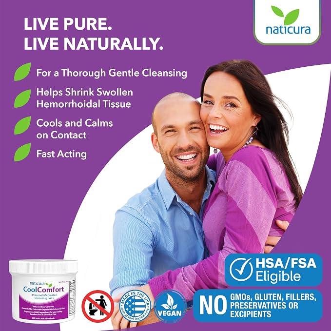 Naticura CoolComfort Hemorrhoid Relief Cleansing Pads - Fast Acting and All Natural with Organic Witch Hazel and Aloe Vera - Relieves Burning, Itching and Swelling - Made in USA - 100 Pads, 2 Pack