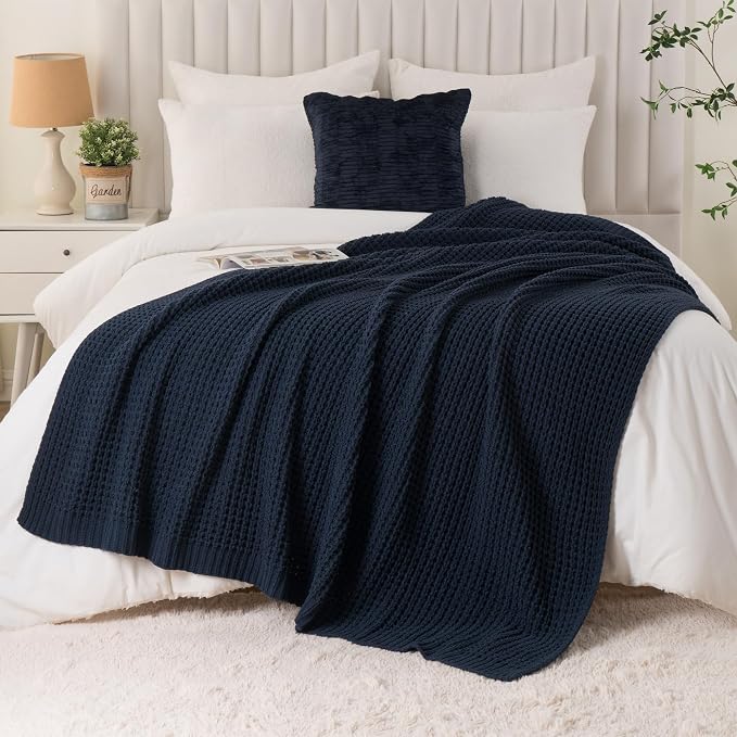Navy Blue Throw Blanket for Couch, Chenille Knitted Blue Blanket 60''x80'' | Soft Cozy Chunky Knitted Blanket, Warm Thick Throw Blanket for Home Decor, Sofa, Men, Modern Farmhouse Style