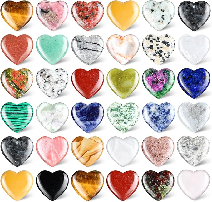 Nuenen 40 Pcs 0.8 Inch Heart Shaped Crystal Valentines Gift Worry Stone Bulk Heart Rock Tiny Trinkets Healing Crystal Gemstone Palm Pocket Love Carved Rock for Mom Women Meditation