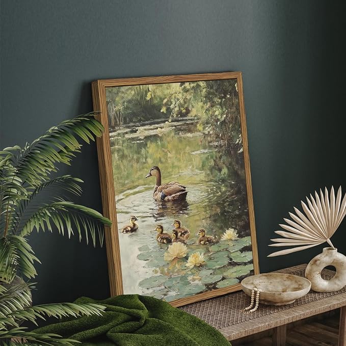 Framed Vintage Duck Canvas Wall Art, Rustic Farmhouse Animal Family Pictures Wall Decor, Country Nature Pond Paintings Prints Cottagecore Home Decor for Living Room Bedroom Bathroom 8x10 inch