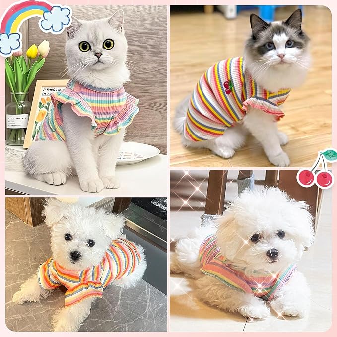 2 Pack Cute Striped Small Dog Shirts, Soft Cotton Girl Dog Clothes Breathable Ruffled Puppy Vest Spring Summer Pet Outfits for Chihuahua Yorkie Maltese and Cats（Pink+Orange,Small）