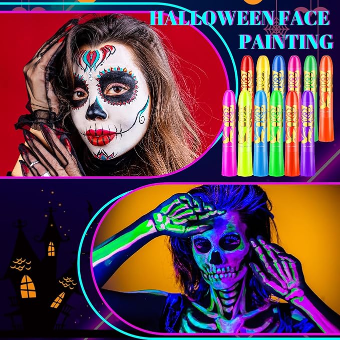 Handepo 24 Pcs Glow in the Black Light Face Paint Crayons Neon Face Body UV Light Paint Kit Fluorescent Halloween Masquerade Makeup for Adult Mardi Gras Parties(Multi Color)