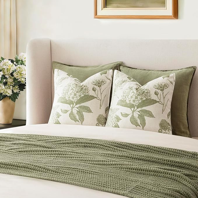 Foindtower Set of 2 Linen Floral Throw Pillow Covers Vintage Accent Print Decorative Cozy Cushion Covers Farmhouse Boho Home Decor for Sofa Chair Couch Bedroom Living Room,22×22 Inch,Light Green