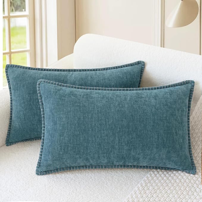 CaliTime Decorative Couch Throw Pillow Covers 20 X 12 Inches Smoke Blue | Pack of 2, Cozy Chenille Cushion Cases, Cotton Thread Stitching Edges, for Sofa Bed Living Room Farmhouse