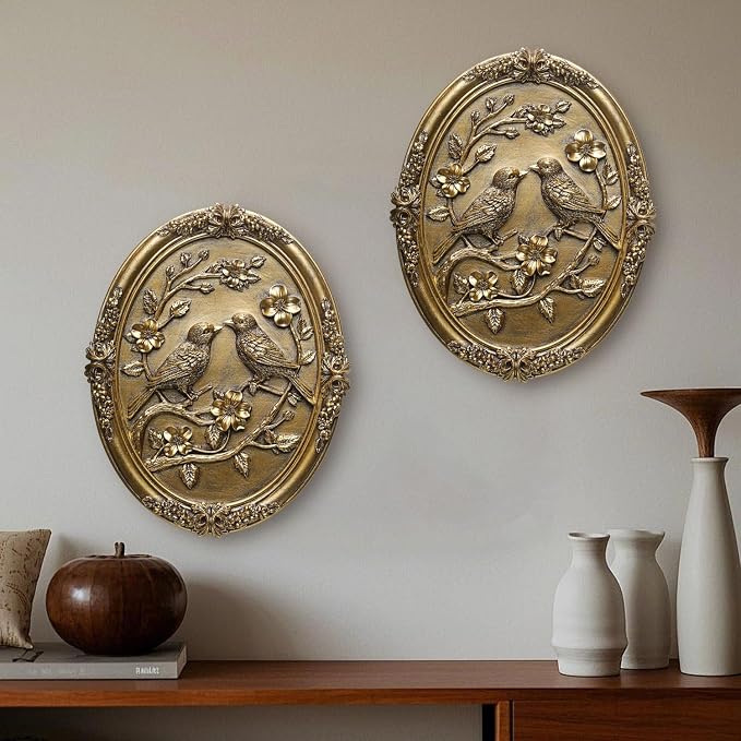 Vintage Bird Wall Art 2 Pack Antique Wall Decor Retro Wall Art Bird Wall Sculpture Hand Painted Wall Decoration with Embossed Birds Design Vintage Decor for Living Room Bedroom Gallery Unique Gifts (Gold Birds)