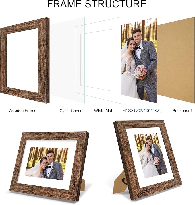 Hongkee 6x8 Picture Frame Set of 4, Made of Real Glass and Rustic Brown Frame - Display Picture 4x6 with Mat or 6x8 Without Mat, 6 by 8 Photo for Wall or Tabletop