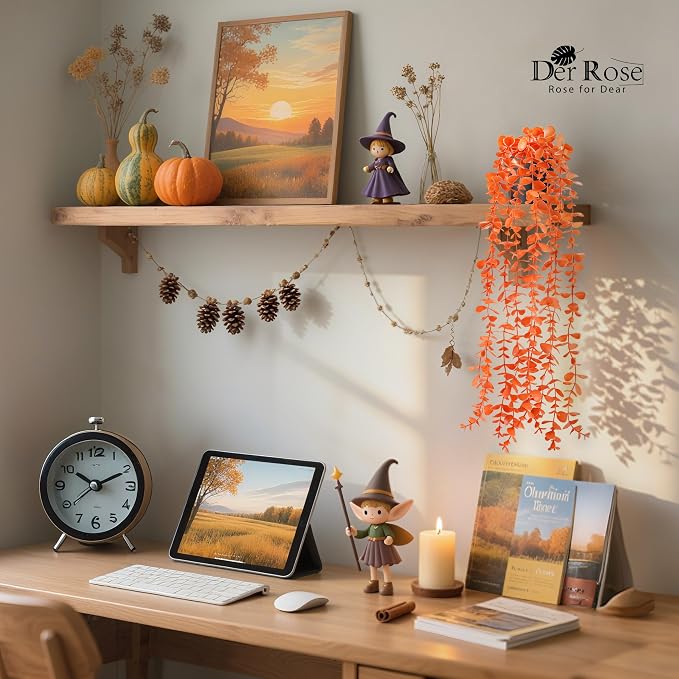 Der Rose 1Pcs Fake Fall Plants Hanging Orange Artificial Potted Faux Eucalyptus Plant Decorations for Fall Thanksgiving Bathroom Table Centerpiece Wall Kitchen Room Decor Indoor and Outdoor