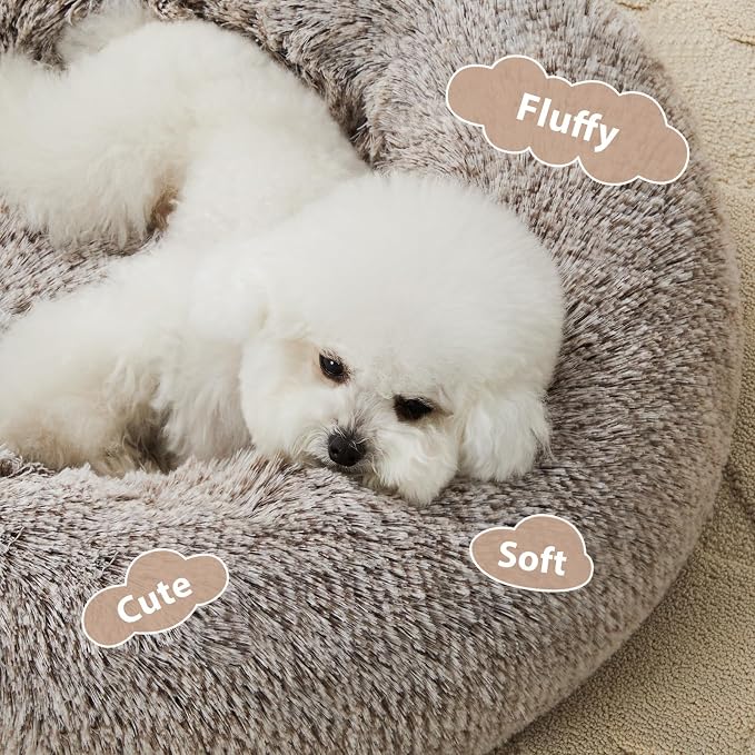 WNPETHOME Large Round Calming Dog Bed Cat Bed for Comfy Sleep | Large Cute Washable Puppy & Cat Bed with Fuzzy Plush, Fur Anti Anxiety Pet Bed Donut Cuddler (45x45x10In, Light Coffee)