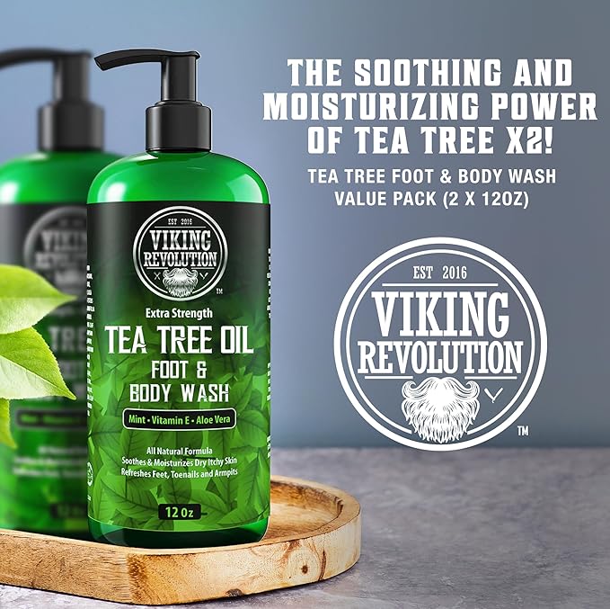 Viking Revolution Tea Tree Oil Body Wash Soap for Men - Helps Athlete's Foot, Toenail, Jock Itch, Eczema, Ringworm & Body Odors - Extra Strength Men's Body Wash (2 Pack)