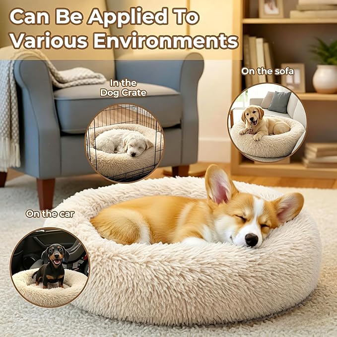 Calming Donut Dog and Cat Bed for Indoor Cats, Anti-Anxiety Round Fluffy Soft Washable Small Pet Bed for Puppy and Kitten, Warming Comfortable Luxury Anti-Slip Waterproof Mute Base 20in Light Brown