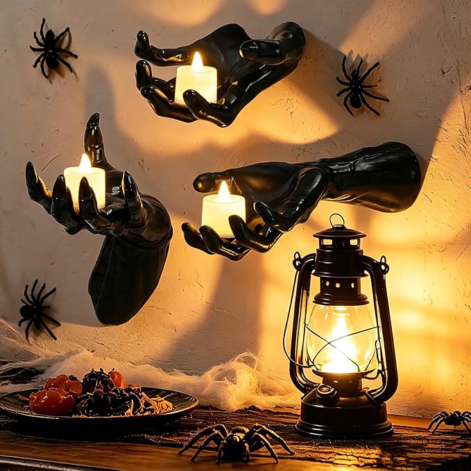 Halloween Wall Decor, Gothic Set of 3, LED Candle Hands Indoor Decoration | Halloween Wall Decorations Set of 3, Gothic Reaching Hands with LED Candles, Life-Sized Horror Props for Indoor Outdoor Party