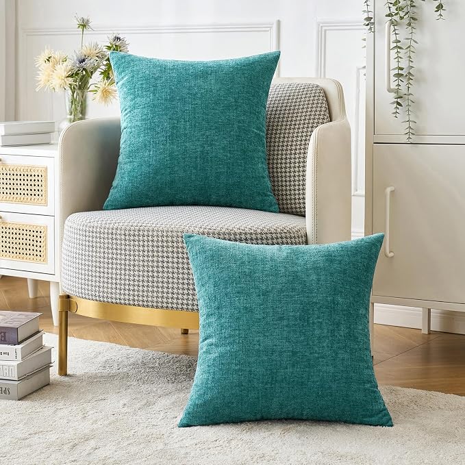 MIULEE Soft Chenille Euro Throw Pillow Covers Teal 24x24 Inch Pack of 2 | Modern Home Decor, Classic Decorative Pillows, Solid Dyed Cases, Boho Couch Cushion Covers for Sofa Bed Living Room