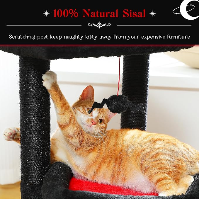 PEQULTI Indoor Cat Tree Tower Small Cats, Sisal Post & Cozy Condo, Black | Private soft cat condo, soft top perch, natural sisal scratch posts, plush pom-pom toy for indoor kitties