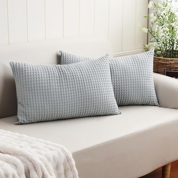 100% Egyptian Cotton 600 TC Waffle Weave Lumbar Pillow Covers 2 Pack | Ultra Soft Breathable Rectangle Throw Pillow Covers, Decorative Cushion Covers for Bed Couch Sofa Car, Gray, 12" x 20"