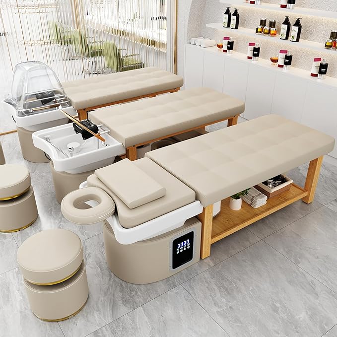 Olela Heavy Duty Head Spa Bed - Headspa Equipment with Water Cycle & Fumigation Salon Equipment, Stationary Massage Table with U Shaped Head Basin and Wood Frame for Beauty Salon