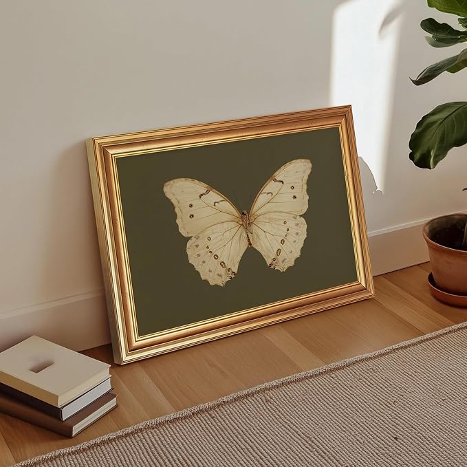JLTULT Gold Framed Butterfly Wall Art, Dark Green Canvas, 16 x 24 Inches | Ivory butterfly art on fade-resistant dark green canvas with a ready-to-hang gold-tone PS frame for bedrooms and offices