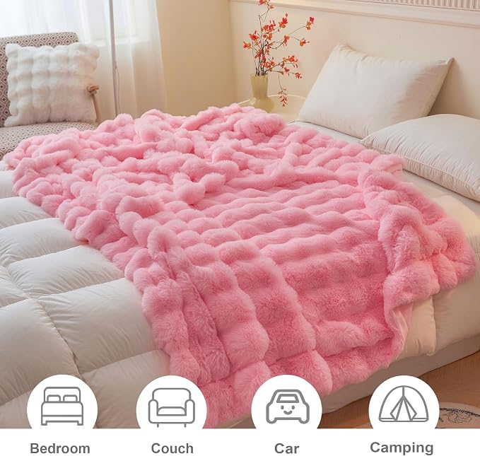 LIFEREVO Luxury Fluffy Faux Rabbit Fur Throw Blanket 60x80, Pink | Plush Fuzzy Bubble Lap Throw for Couch Sofa Office, Soft Cozy Furry Bed Blanket Home Decoration, Washable & Skin-friendly