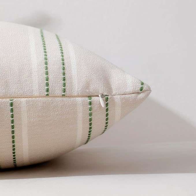 Hckot Striped Throw Pillow Covers 12x20 Set of 2 Grass Green Pillow Covers | Farmhouse Decorative Pillows Textured Linen Square Cushion Covers for Sofa Couch Bed Living Room Decor(Grass Green)