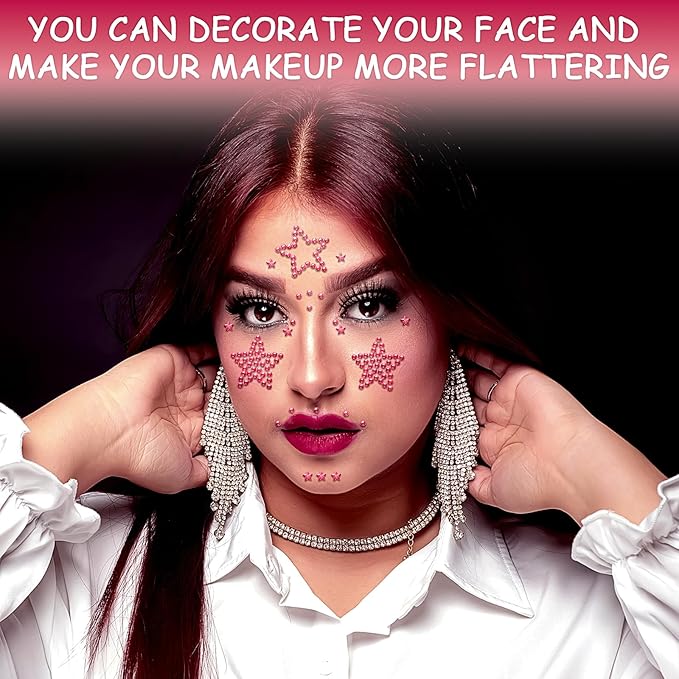 3 Sheers Acrylic Star Gems Stickers Star Self Adhesive Rhinestones Sticker Pink Face Jewels Stick On Eye Nail Body Crystal Pearls Jewels Sticker Decorative Stickers for Independence Day Make Up